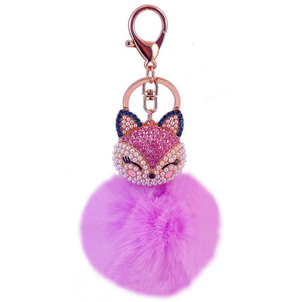 Cute creative diamond-encrusted fox head fur ball rabbit head car keychain to send girlfriend key chain metal pendant 801M