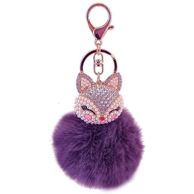 Cute creative diamond-encrusted fox head fur ball rabbit head car keychain to send girlfriend key chain metal pendant 801M