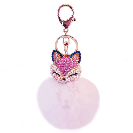 Cute creative diamond-encrusted fox head fur ball rabbit head car keychain to send girlfriend key chain metal pendant 801M