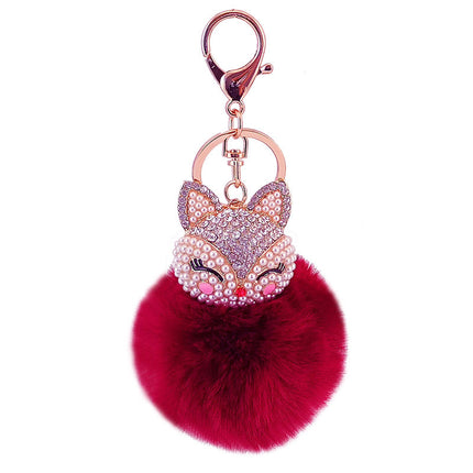 Cute creative diamond-encrusted fox head fur ball rabbit head car keychain to send girlfriend key chain metal pendant 801M