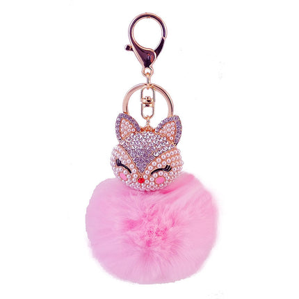Cute creative diamond-encrusted fox head fur ball rabbit head car keychain to send girlfriend key chain metal pendant 801M