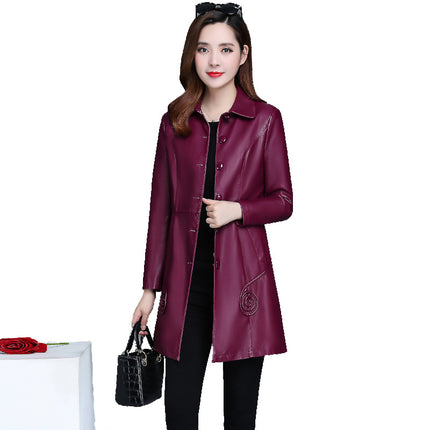Women's Leather Clothing Manufacturers Korean Autumn and Winter Mid-length Lapel Slim-fit PU Leather Trench Coat Women's Large Size Leather Coat