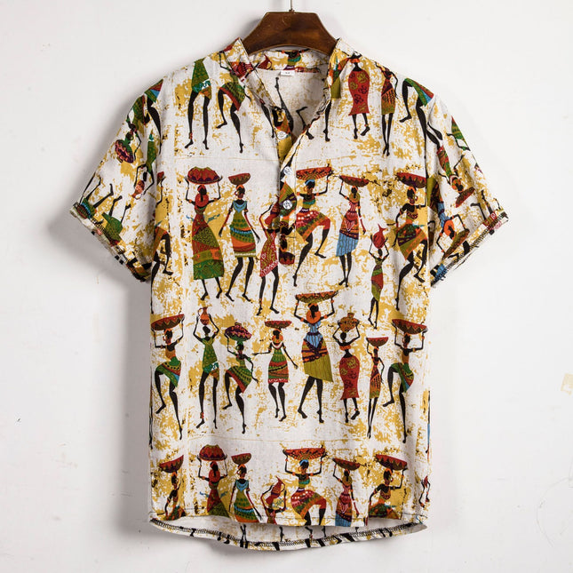 Cross-border Foreign Trade Explosions 2018 Summer Foreign Trade New Ethnic Style Short-sleeved Shirt Men's Floral Short-sleeved Shirt Men's