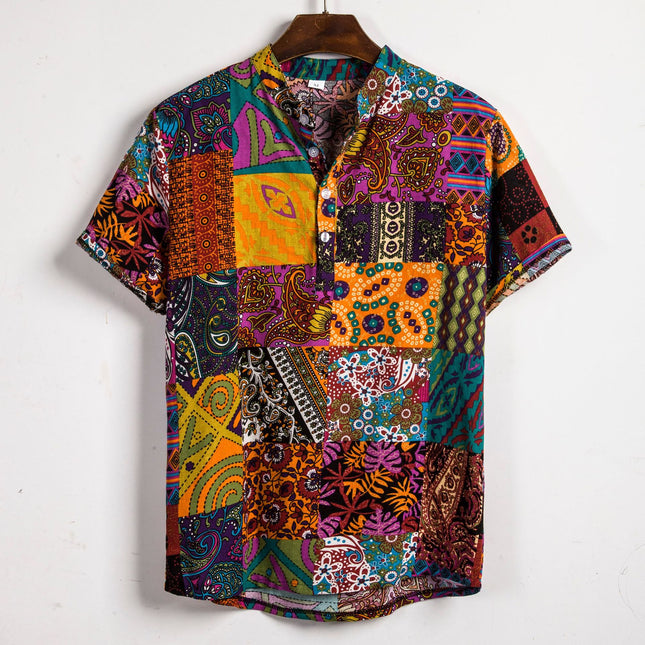 Cross-border Supply 2019 Summer New Men's Korean-style Slim-fit Contrast Color Stitching Floral Casual Collar Short-sleeved Shirt