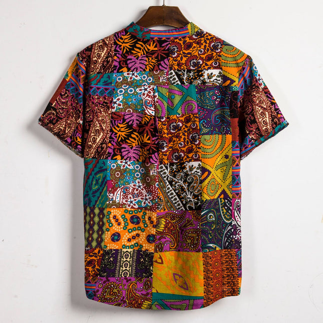 Cross-border Supply 2019 Summer New Men's Korean-style Slim-fit Contrast Color Stitching Floral Casual Collar Short-sleeved Shirt