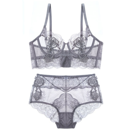 French Style Underwear Women's Summer Small Chest Non-Sponge Hollow Bra Perspective Sexy Lace Ultra-thin Bra Set for Women