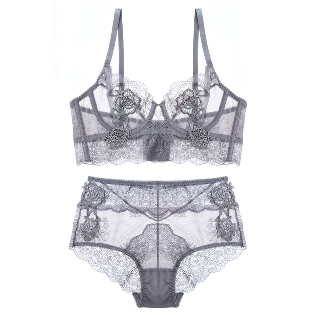 French Style Underwear Women's Summer Small Chest Non-Sponge Hollow Bra Perspective Sexy Lace Ultra-thin Bra Set for Women