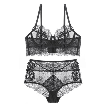French Style Underwear Women's Summer Small Chest Non-Sponge Hollow Bra Perspective Sexy Lace Ultra-thin Bra Set for Women