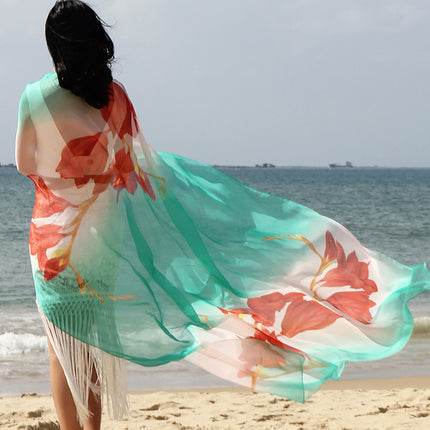 Seaside Sunscreen Silk Scarf Imitation Silk Scarf Spring and Summer Joker High-grade Printed Beach Scarf Silk Scarf Shawl Wholesale