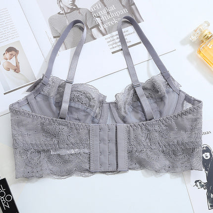 French Style Underwear Women's Summer Small Chest Non-Sponge Hollow Bra Perspective Sexy Lace Ultra-thin Bra Set for Women