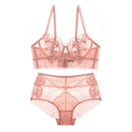 French Style Underwear Women's Summer Small Chest Non-Sponge Hollow Bra Perspective Sexy Lace Ultra-thin Bra Set for Women