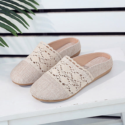 2024 Summer and Autumn Mori Women's Hollow Cotton and Linen Solid Color Baotou Slippers Mori Internet Celebrity Same Style Soft Girl Slippers
