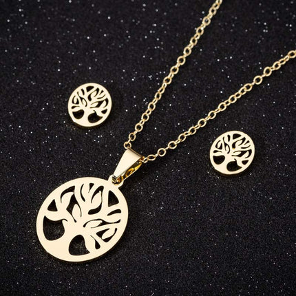 Japanese and Korean style simple round hollow life tree stainless steel stud earrings women's fashion clavicle chain wholesale