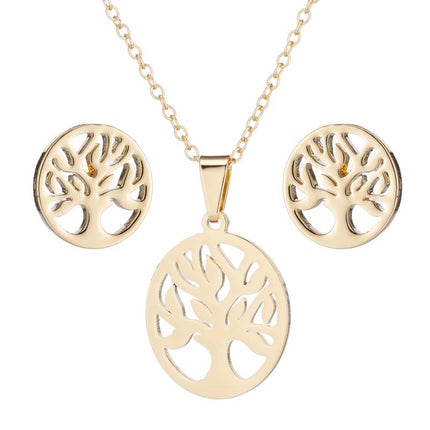 Japanese and Korean style simple round hollow life tree stainless steel stud earrings women's fashion clavicle chain wholesale