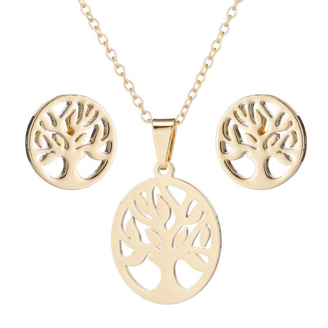 Japanese and Korean style simple round hollow life tree stainless steel stud earrings women's fashion clavicle chain wholesale