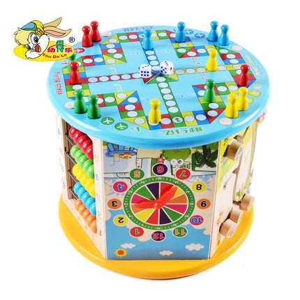 Wooden Six-sided Multi-functional Puzzle Large Beaded Treasure Box Children's Educational Beaded Flap Board Early Education Toys 2-5 Years Old