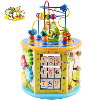 Wooden Six-sided Multi-functional Puzzle Large Beaded Treasure Box Children's Educational Beaded Flap Board Early Education Toys 2-5 Years Old