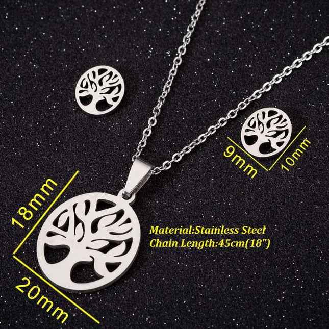 Japanese and Korean style simple round hollow life tree stainless steel stud earrings women's fashion clavicle chain wholesale