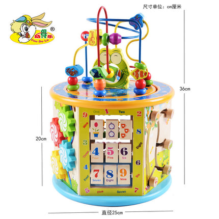 Wooden Six-sided Multi-functional Puzzle Large Beaded Treasure Box Children's Educational Beaded Flap Board Early Education Toys 2-5 Years Old
