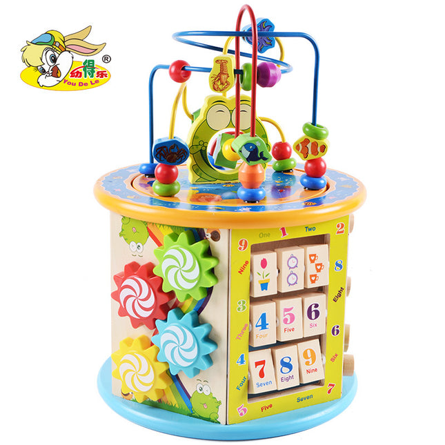 Wooden Six-sided Multi-functional Puzzle Large Beaded Treasure Box Children's Educational Beaded Flap Board Early Education Toys 2-5 Years Old