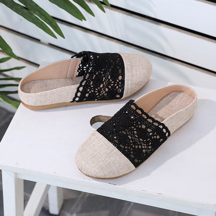 2024 Summer and Autumn Mori Women's Hollow Cotton and Linen Solid Color Baotou Slippers Mori Internet Celebrity Same Style Soft Girl Slippers