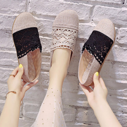 2024 Summer and Autumn Mori Women's Hollow Cotton and Linen Solid Color Baotou Slippers Mori Internet Celebrity Same Style Soft Girl Slippers