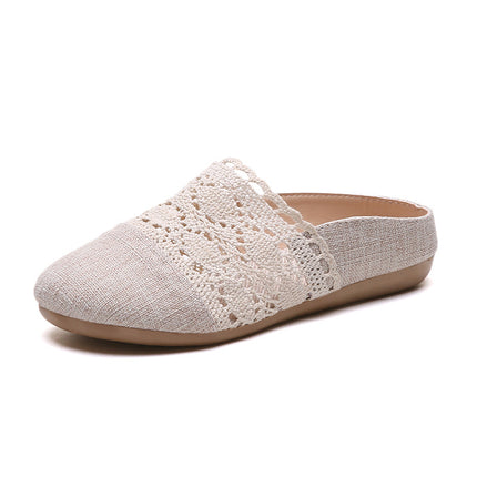 2024 Summer and Autumn Mori Women's Hollow Cotton and Linen Solid Color Baotou Slippers Mori Internet Celebrity Same Style Soft Girl Slippers