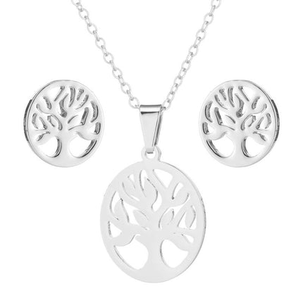 Japanese and Korean style simple round hollow life tree stainless steel stud earrings women's fashion clavicle chain wholesale