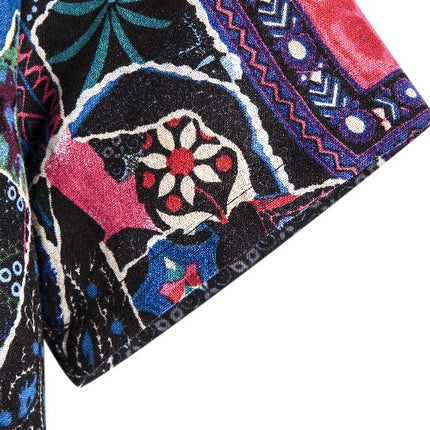 Cross-border 2019 African ethnic style dark flower series cabbage style characteristic linen stand collar printed short sleeve shirt