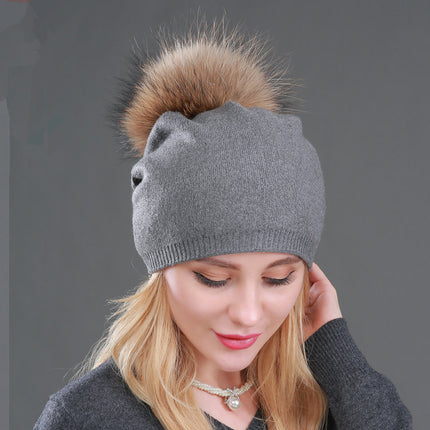 Foreign trade cross-border autumn and winter women's knitted wool cap fur raccoon ball warm wool cap fashion ladies pullover cap