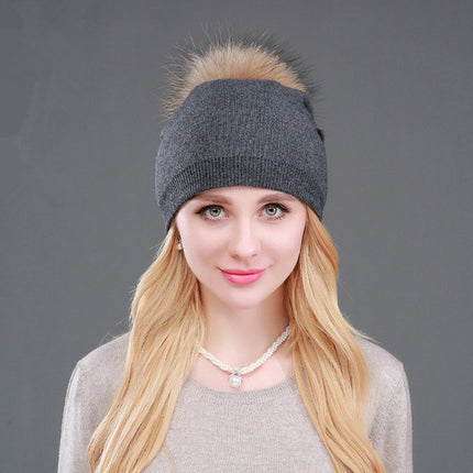 Foreign trade cross-border autumn and winter women's knitted wool cap fur raccoon ball warm wool cap fashion ladies pullover cap