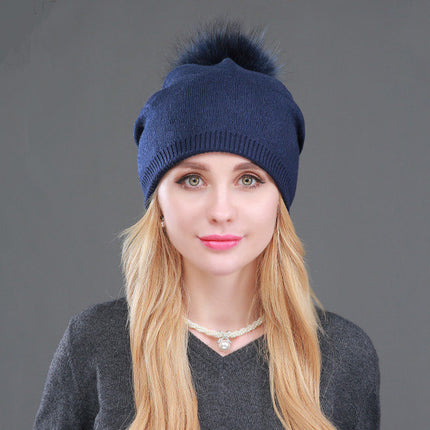 Foreign trade cross-border autumn and winter women's knitted wool cap fur raccoon ball warm wool cap fashion ladies pullover cap