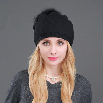 Foreign trade cross-border autumn and winter women's knitted wool cap fur raccoon ball warm wool cap fashion ladies pullover cap