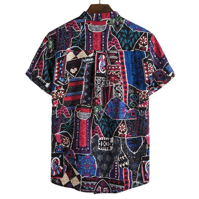 Cross-border 2019 African ethnic style dark flower series cabbage style characteristic linen stand collar printed short sleeve shirt