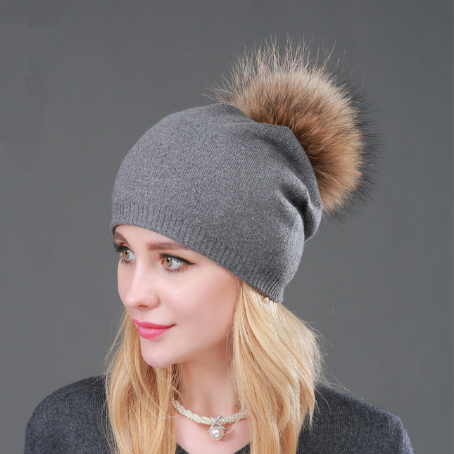 Foreign trade cross-border autumn and winter women's knitted wool cap fur raccoon ball warm wool cap fashion ladies pullover cap