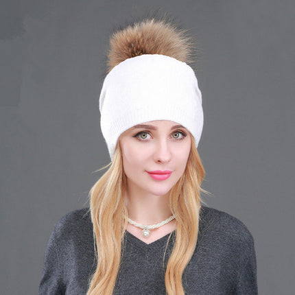 Foreign trade cross-border autumn and winter women's knitted wool cap fur raccoon ball warm wool cap fashion ladies pullover cap