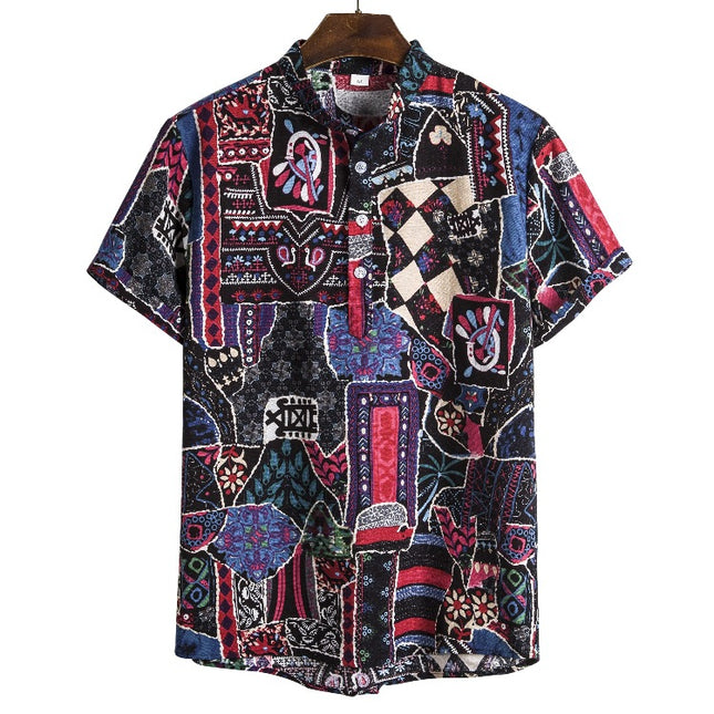 Cross-border 2019 African ethnic style dark flower series cabbage style characteristic linen stand collar printed short sleeve shirt