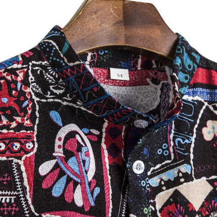 Cross-border 2019 African ethnic style dark flower series cabbage style characteristic linen stand collar printed short sleeve shirt