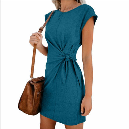 2023 AliExpress ebay Amazon wish women's European and American round neck lace-up loose short sleeve dress
