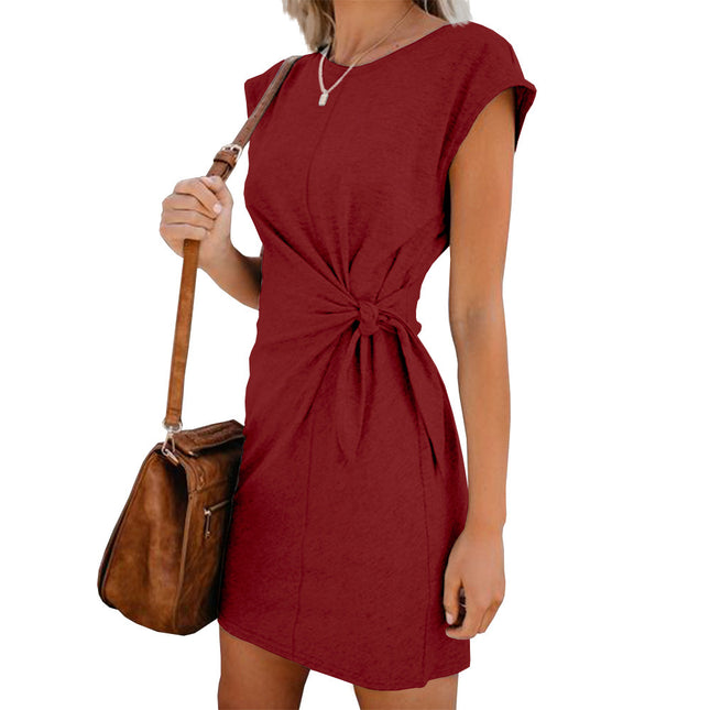 2023 AliExpress ebay Amazon wish women's European and American round neck lace-up loose short sleeve dress