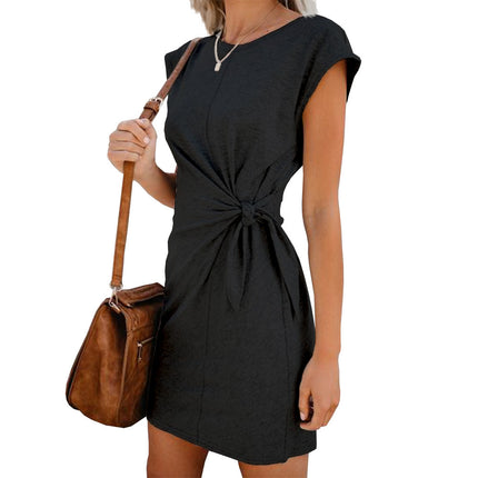 2023 AliExpress ebay Amazon wish women's European and American round neck lace-up loose short sleeve dress