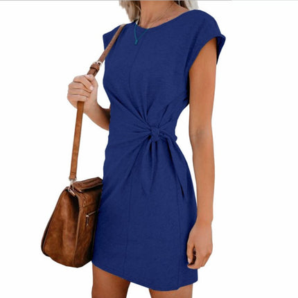 2023 AliExpress ebay Amazon wish women's European and American round neck lace-up loose short sleeve dress