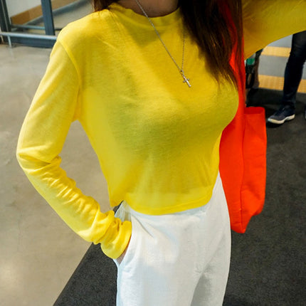 Dropshipping Korean Dongdaemun Light Yellow Cropped Long-Sleeve T-Shirt Top for Women, Korean Trending Color
