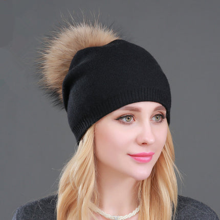Foreign trade cross-border autumn and winter women's knitted wool cap fur raccoon ball warm wool cap fashion ladies pullover cap