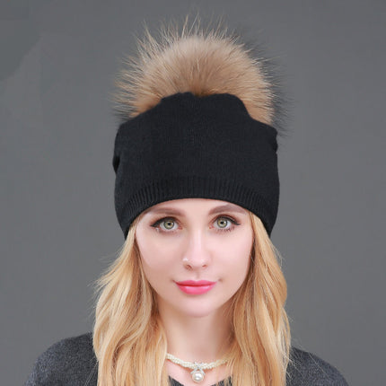 Foreign trade cross-border autumn and winter women's knitted wool cap fur raccoon ball warm wool cap fashion ladies pullover cap