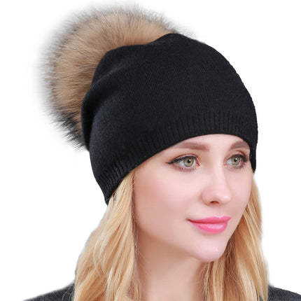 Foreign trade cross-border autumn and winter women's knitted wool cap fur raccoon ball warm wool cap fashion ladies pullover cap