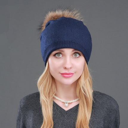 Foreign trade cross-border autumn and winter women's knitted wool cap fur raccoon ball warm wool cap fashion ladies pullover cap