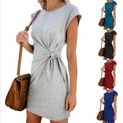 2023 AliExpress ebay Amazon wish women's European and American round neck lace-up loose short sleeve dress