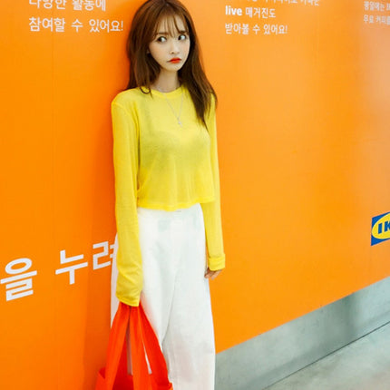 Dropshipping Korean Dongdaemun Light Yellow Cropped Long-Sleeve T-Shirt Top for Women, Korean Trending Color