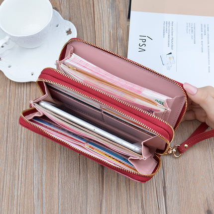 New Double Zipper Wallet Women's Long Clutch Wallet Mother's Double-Layer Large Capacity Lychee Pattern Change Mobile Phone Bag